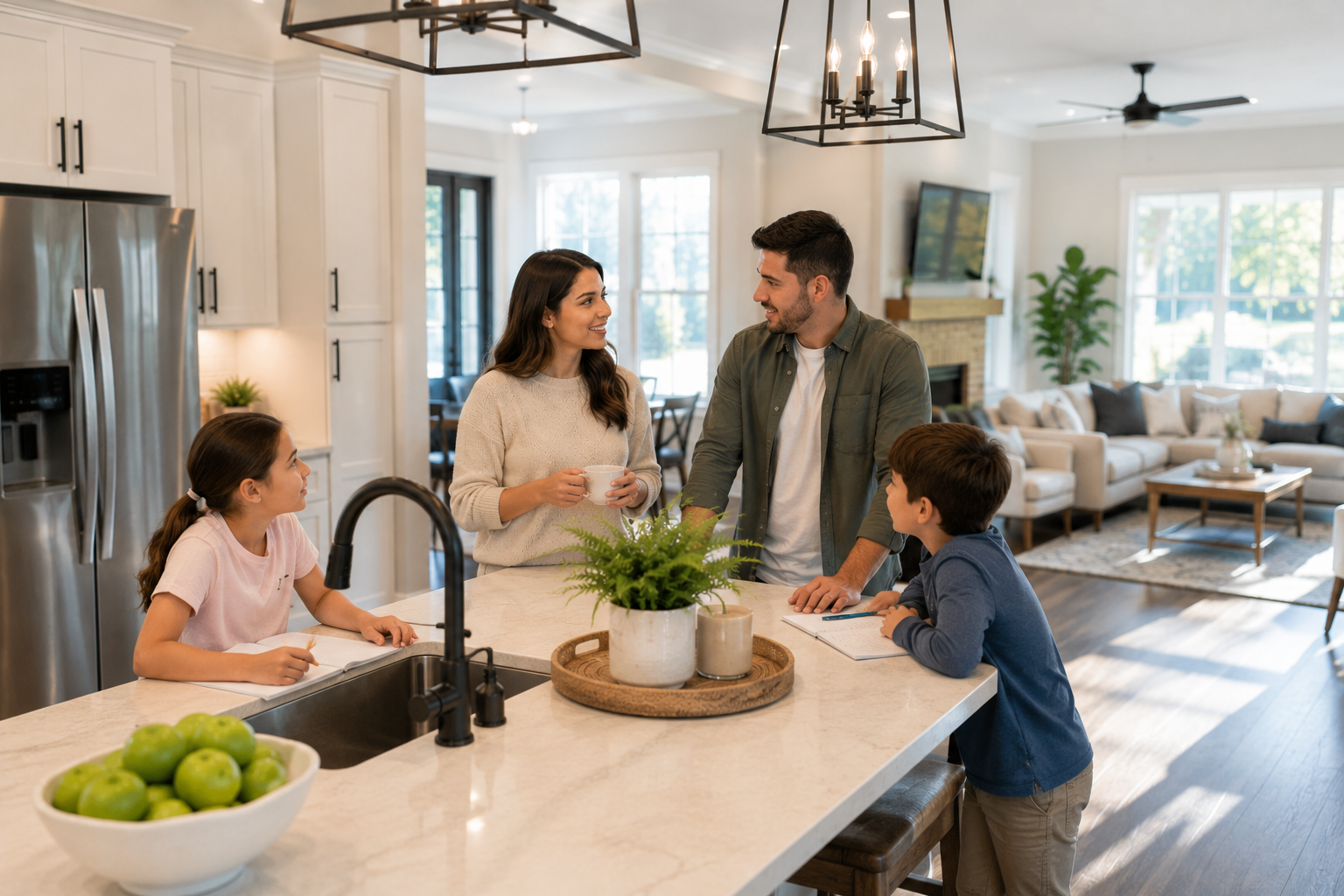 A young family stands together in a bright open-concept kitchen, naturally talking about how they would use the space for everyday meals, homework, and spending time together while sunlight fills the connected living area. A young family stands together in a bright open-concept kitchen, naturally talking about how they would use the space for everyday meals, homework, and spending time together while sunlight fills the connected living area.