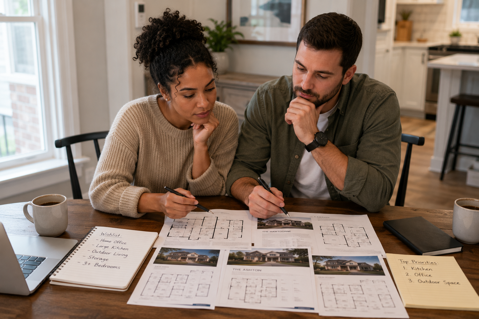 An interracial couple sits together at a dining table surrounded by floor plan brochures and handwritten notes, thoughtfully comparing layouts while discussing which home will best support their everyday routines and future goals.