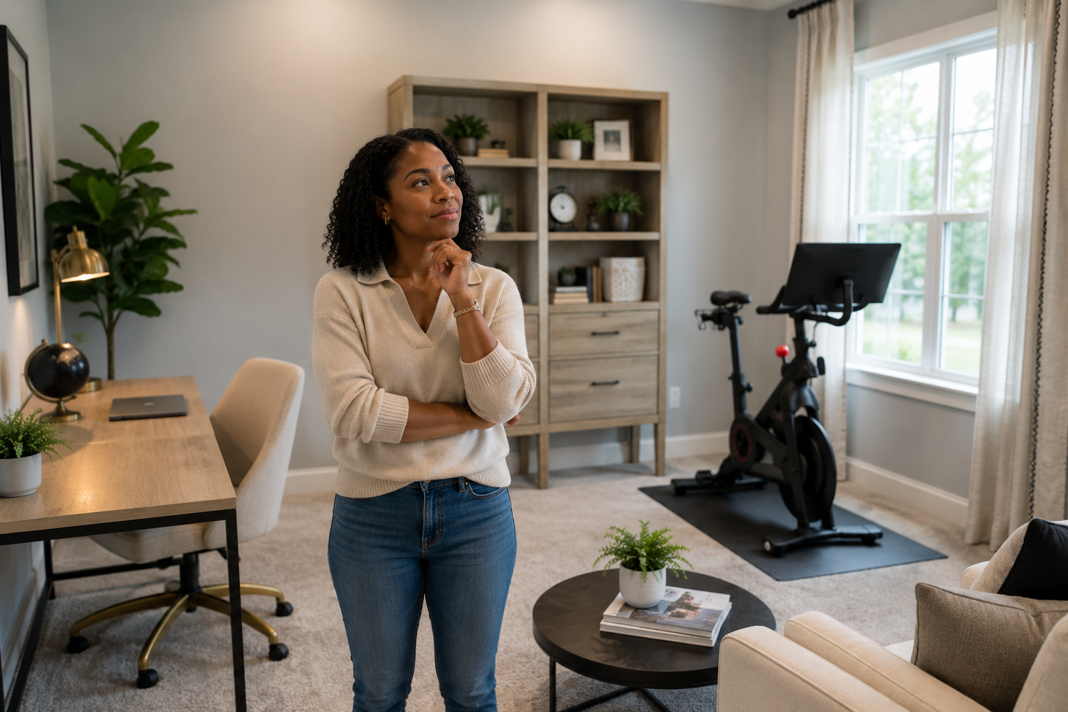 A single Black woman stands in a spacious flex room of a newer home, thoughtfully looking around while imagining whether the space would become a home office, guest room, workout area, or simply remain unused as her lifestyle evolves.