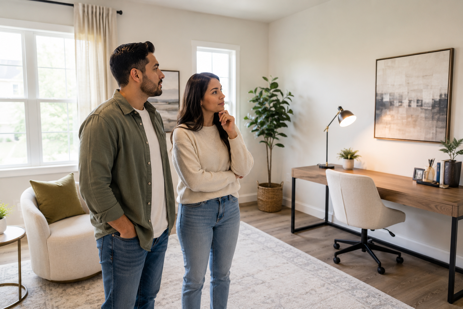 A young Hispanic couple stands together in a bright flex room inside a newer home, looking around thoughtfully as they discuss whether the space would serve them better as a home office, guest room, or hobby area based on their everyday routines.