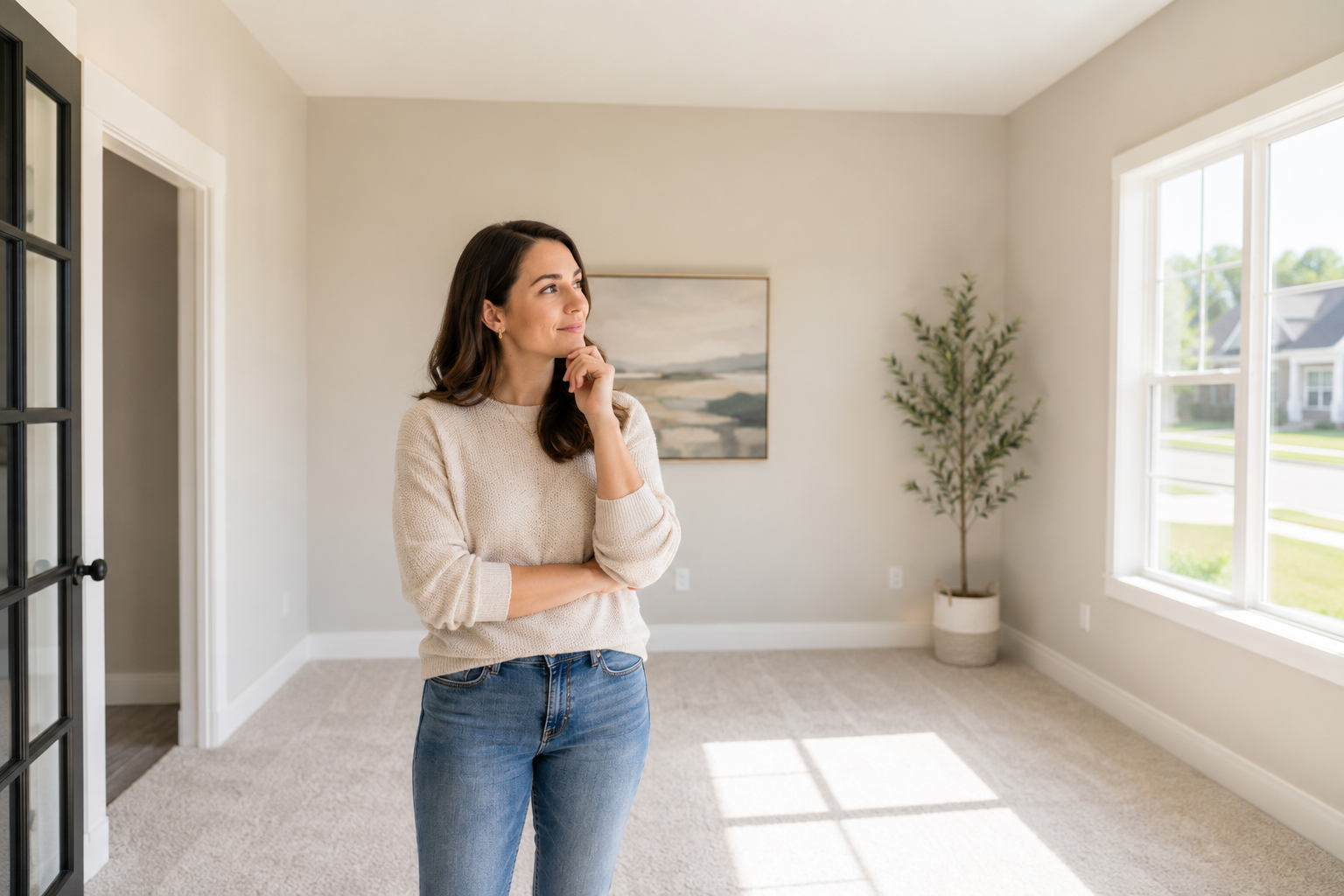 A woman in her early thirties stands quietly in a bright flex room of a newer home, smiling thoughtfully as she looks around the empty space and imagines how it could evolve from a home office today to a nursery, hobby room, or reading retreat in the years ahead. A woman in her early thirties stands quietly in a bright flex room of a newer home, smiling thoughtfully as she looks around the empty space and imagines how it could evolve from a home office today to a nursery, hobby room, or reading retreat in the years ahead.