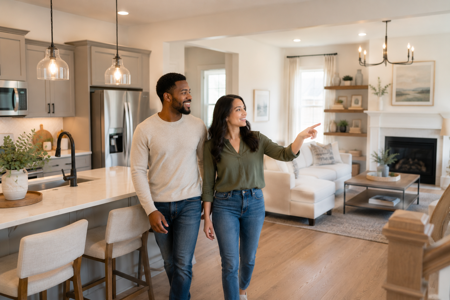 An interracial couple walks slowly through the open kitchen and living area of a newer home, smiling as they naturally point toward different spaces while imagining where family dinners, quiet evenings, and everyday routines might unfold. An interracial couple walks slowly through the open kitchen and living area of a newer home, smiling as they naturally point toward different spaces while imagining where family dinners, quiet evenings, and everyday routines might unfold.
