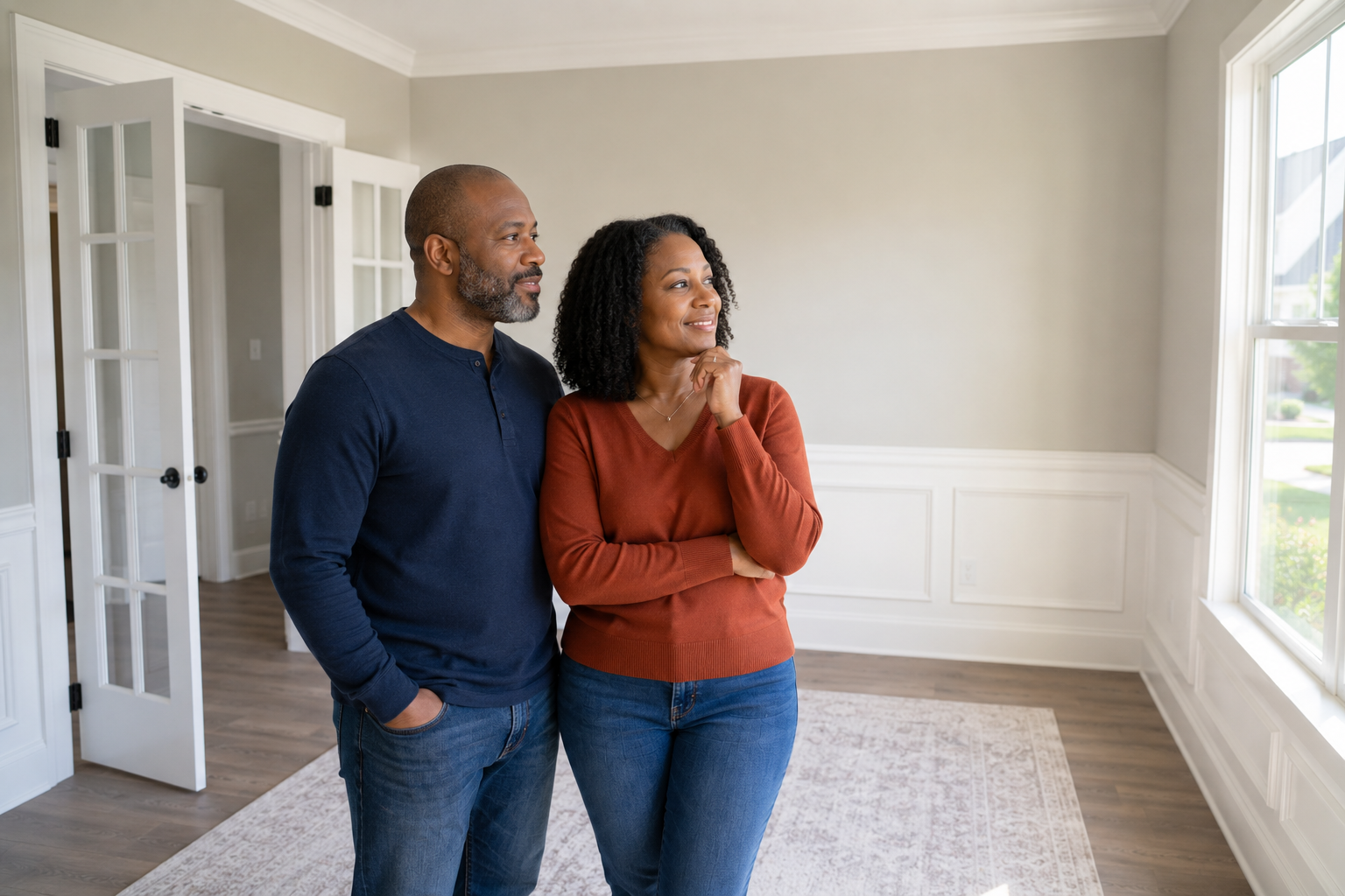 A middle-aged Black couple stands together in a bright flex room inside a newer home, quietly looking around as they imagine how the space could change over the years—from a home office today to a hobby room, guest space, or future nursery as life evolves.