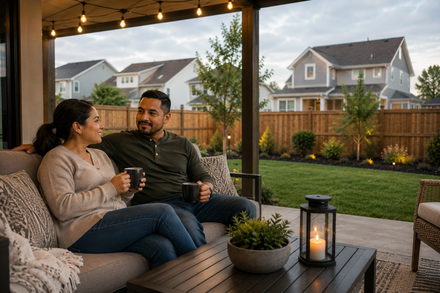 A Hispanic couple relaxes on a covered patio after an evening walk, sharing a quiet conversation while looking across their manageable backyard, reflecting on how a simpler outdoor space gives them more time to enjoy life instead of maintaining it.