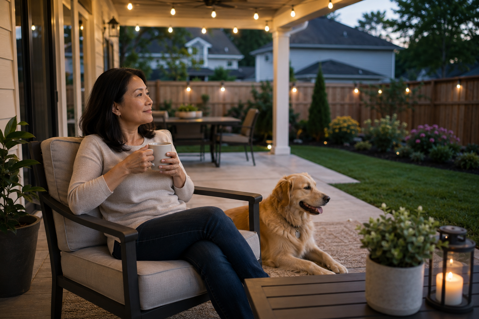 A middle-aged Asian woman sits comfortably on a covered backyard patio with a cup of coffee while her golden retriever rests nearby, enjoying a quiet evening and imagining how this outdoor space could become part of her daily routine. A middle-aged Asian woman sits comfortably on a covered backyard patio with a cup of coffee while her golden retriever rests nearby, enjoying a quiet evening and imagining how this outdoor space could become part of her daily routine.