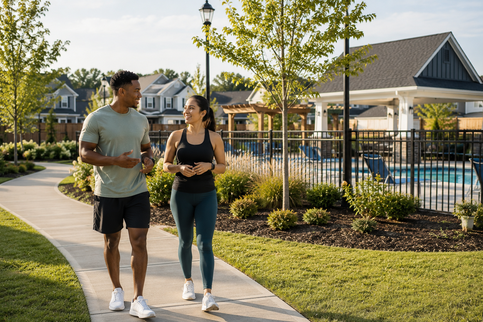 An interracial couple strolls along a neighborhood walking trail near a community pool, talking about how shared amenities and everyday routines could fit their lifestyle better than having a larger private backyard.