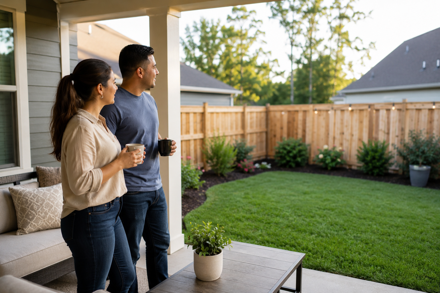 A Hispanic couple stands together on a covered patio overlooking a smaller backyard, quietly talking as they imagine how they would spend everyday evenings outside, balancing the appeal of outdoor space with the reality of maintenance and daily life.