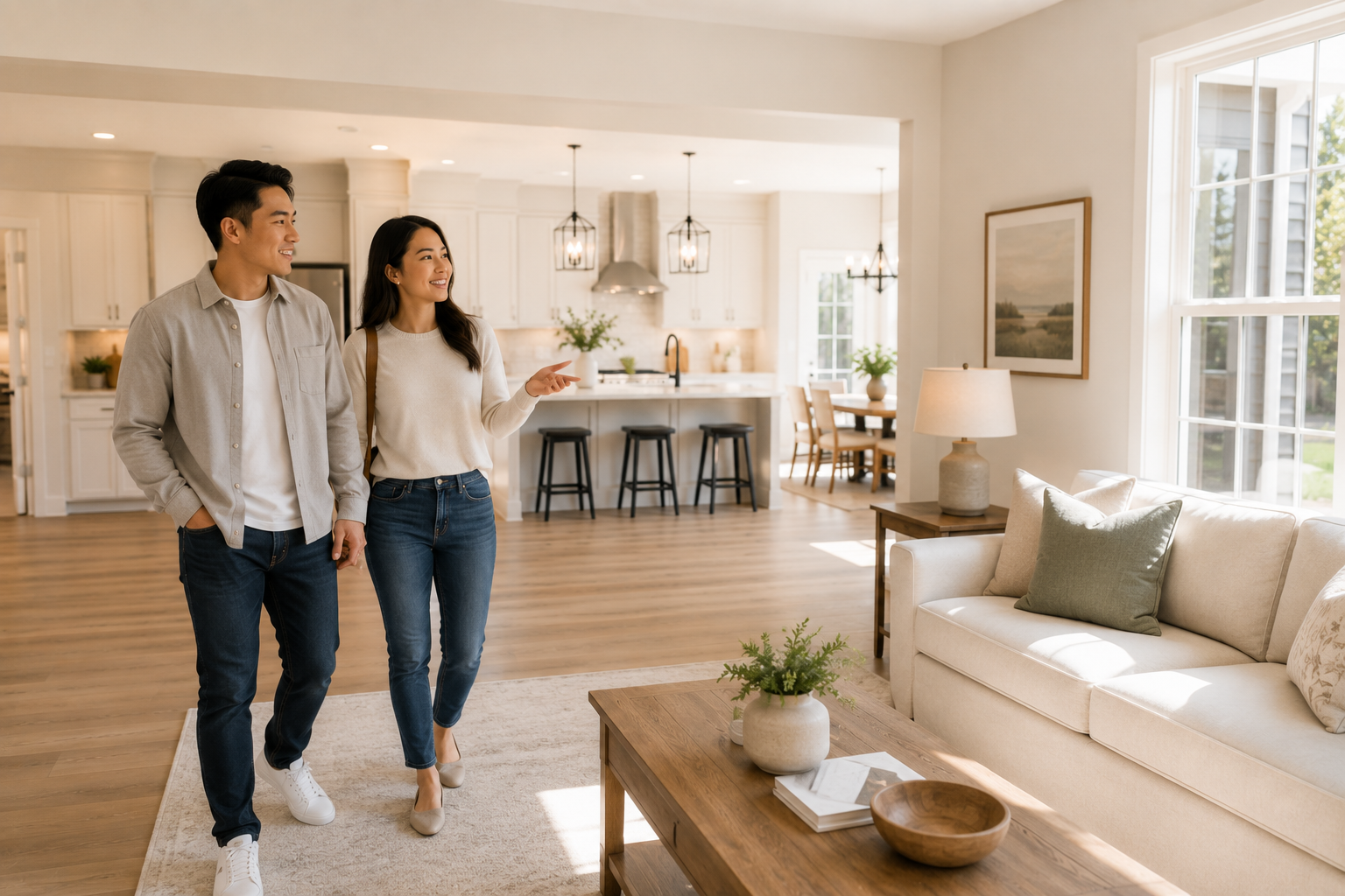 A young Asian couple walks slowly through a bright open-concept living room, smiling as they quietly talk about where their sofa, family photos, and favorite reading chair might go while beginning to imagine their future life in the home. A young Asian couple walks slowly through a bright open-concept living room, smiling as they quietly talk about where their sofa, family photos, and favorite reading chair might go while beginning to imagine their future life in the home.