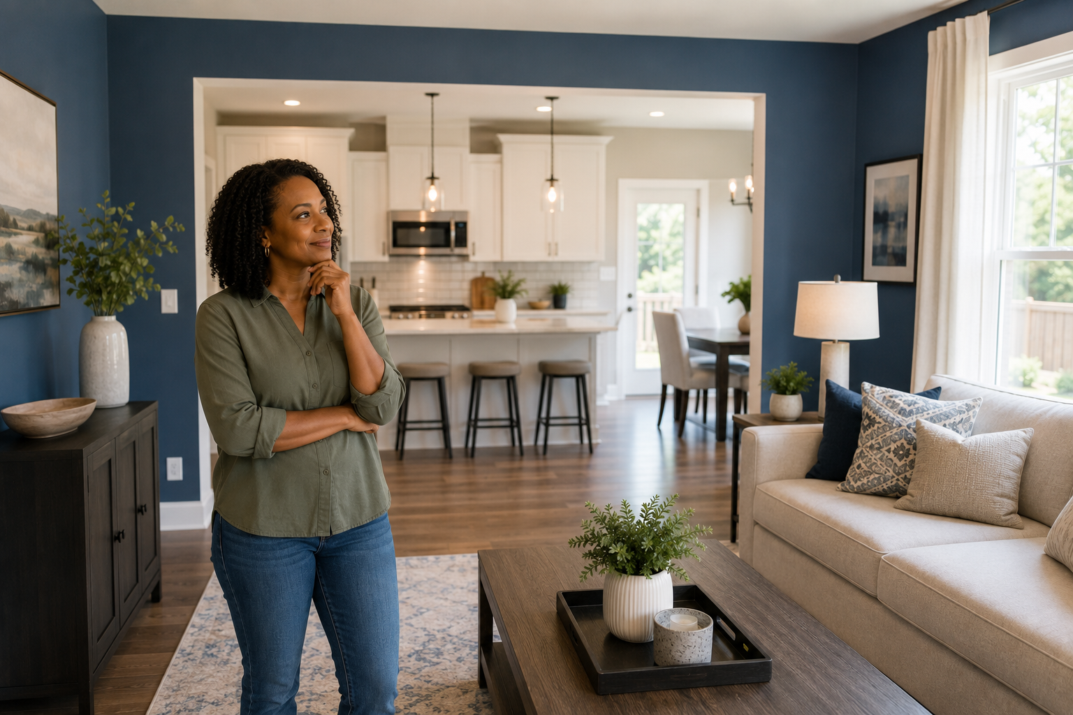 A middle-aged Black woman stands in a bright family room with bold blue accent walls, smiling thoughtfully as she looks toward the kitchen, beginning to see the home's layout, natural light, and everyday potential instead of focusing on the paint colors. A middle-aged Black woman stands in a bright family room with bold blue accent walls, smiling thoughtfully as she looks toward the kitchen, beginning to see the home's layout, natural light, and everyday potential instead of focusing on the paint colors.