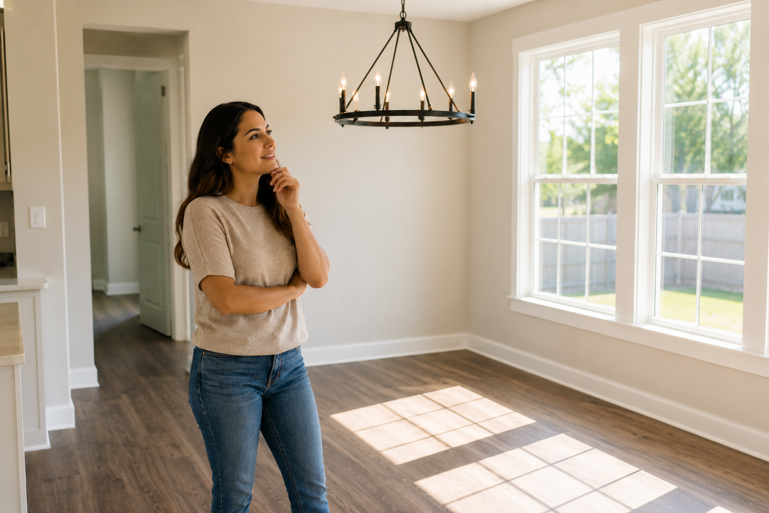 A Hispanic woman stands in an unfurnished dining area beside large windows, smiling thoughtfully as she pictures where her own dining table and favorite pieces might go, quietly imagining the home becoming part of her everyday life.