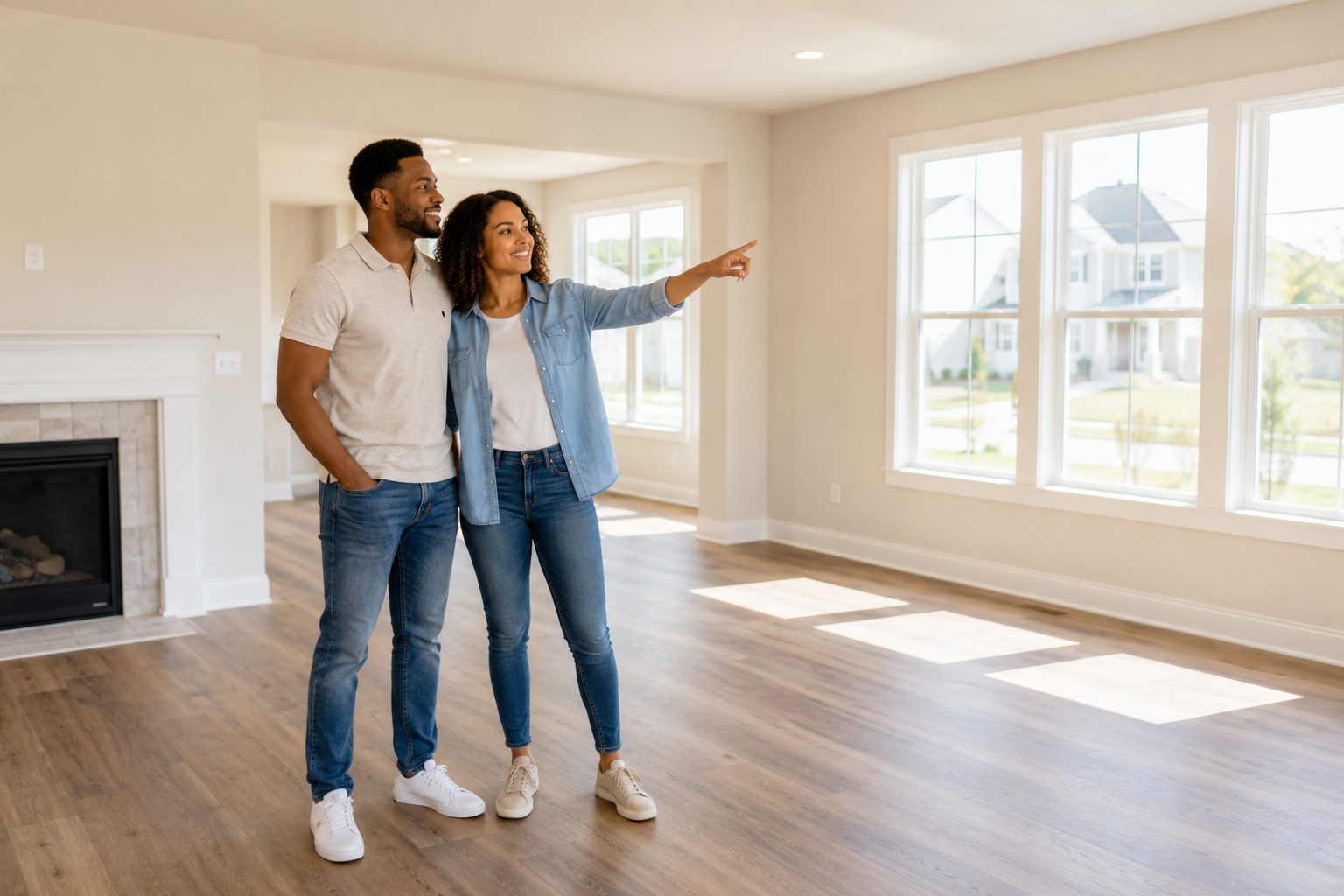 An interracial couple stands quietly inside a vacant living room with sunlight streaming through large windows, smiling as they point toward different corners of the space while imagining how their own furniture and everyday routines might transform the empty home.