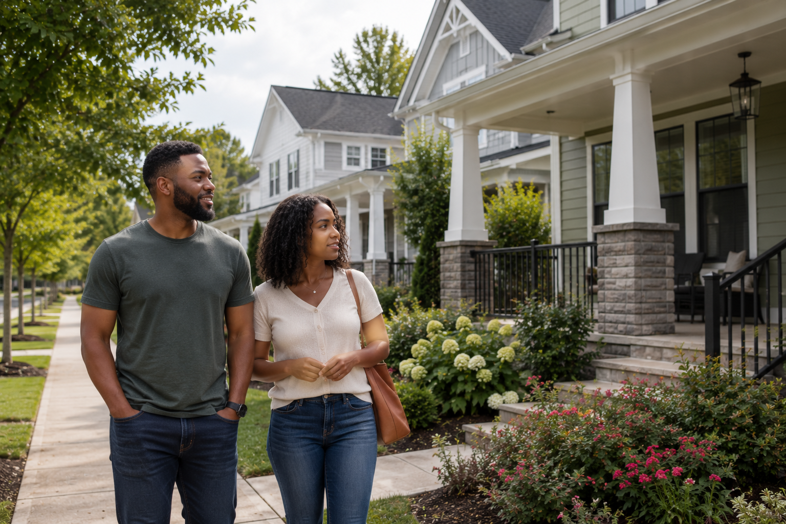 A Black couple in their early thirties strolls slowly along a quiet sidewalk in a newer Fountain Inn neighborhood while talking about the homes around them. They pause near a covered porch and landscaped front yard, appearing relaxed as they imagine spending quiet evenings there. The scene is candid, naturally lit, and documentary-style.