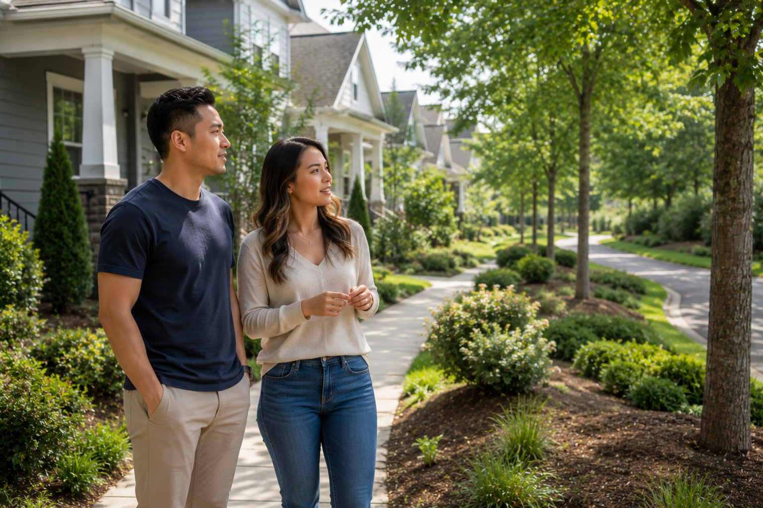 An Asian couple in their early thirties pauses along a shaded neighborhood sidewalk in Greenville, South Carolina while discussing the homes around them. They look thoughtfully toward a nearby walking trail and landscaped green space, imagining what everyday life could be like in the community. The scene is candid, naturally lit, and documentary-style. An Asian couple in their early thirties pauses along a shaded neighborhood sidewalk in Greenville, South Carolina while discussing the homes around them. They look thoughtfully toward a nearby walking trail and landscaped green space, imagining what everyday life could be like in the community. The scene is candid, naturally lit, and documentary-style.