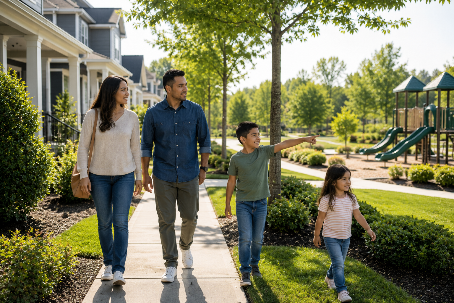 A Hispanic family with two young children walks through a newer Greenville neighborhood after visiting a model home. The parents quietly discuss the community while one child points toward a neighborhood playground and the other skips along the sidewalk. The scene is candid, naturally lit, and documentary-style, capturing an ordinary family imagining everyday life in the community.