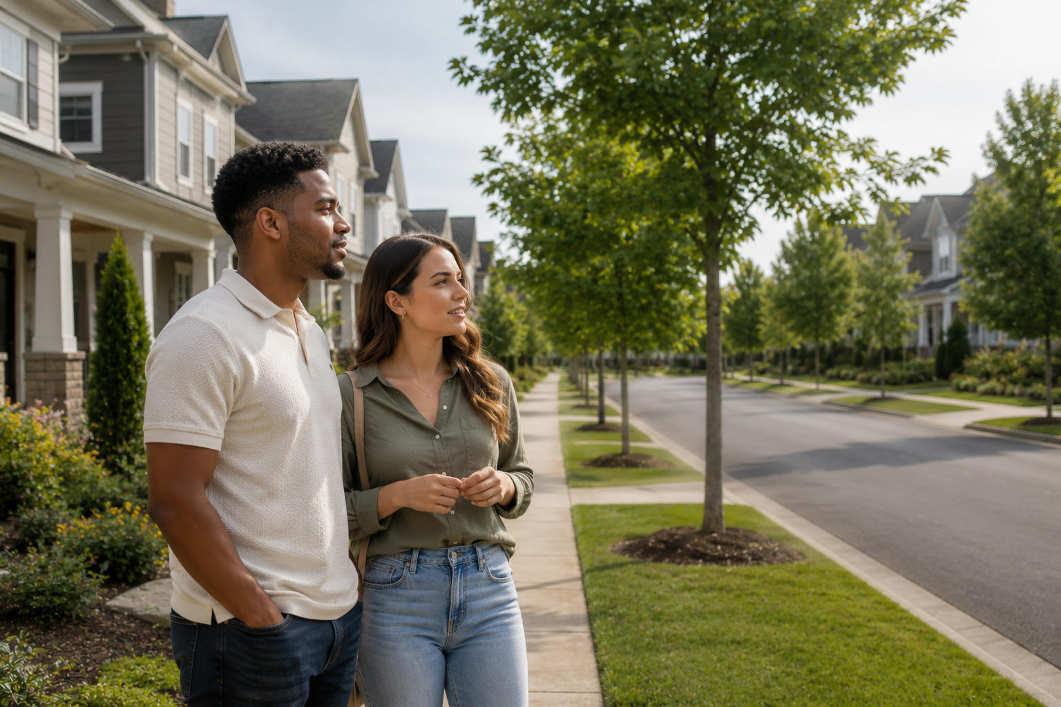 An interracial couple in their late twenties stands near the entrance of a newer community in Fountain Inn, South Carolina, quietly discussing the neighborhood while looking down the tree-lined street. Their expressions are thoughtful and relaxed as they imagine what everyday life could be like there. The scene is candid, naturally lit, and documentary-style.