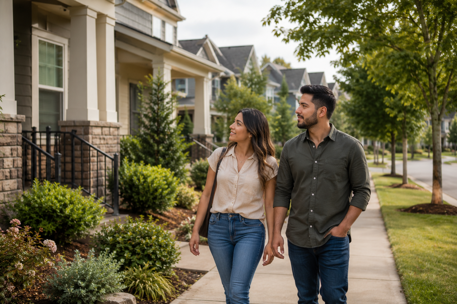 A Hispanic couple in their early thirties walks through a newer Greenville neighborhood on a mild afternoon, pausing to look around and talk while imagining what everyday life would feel like there. The scene feels candid, relaxed, and naturally documentary-style.