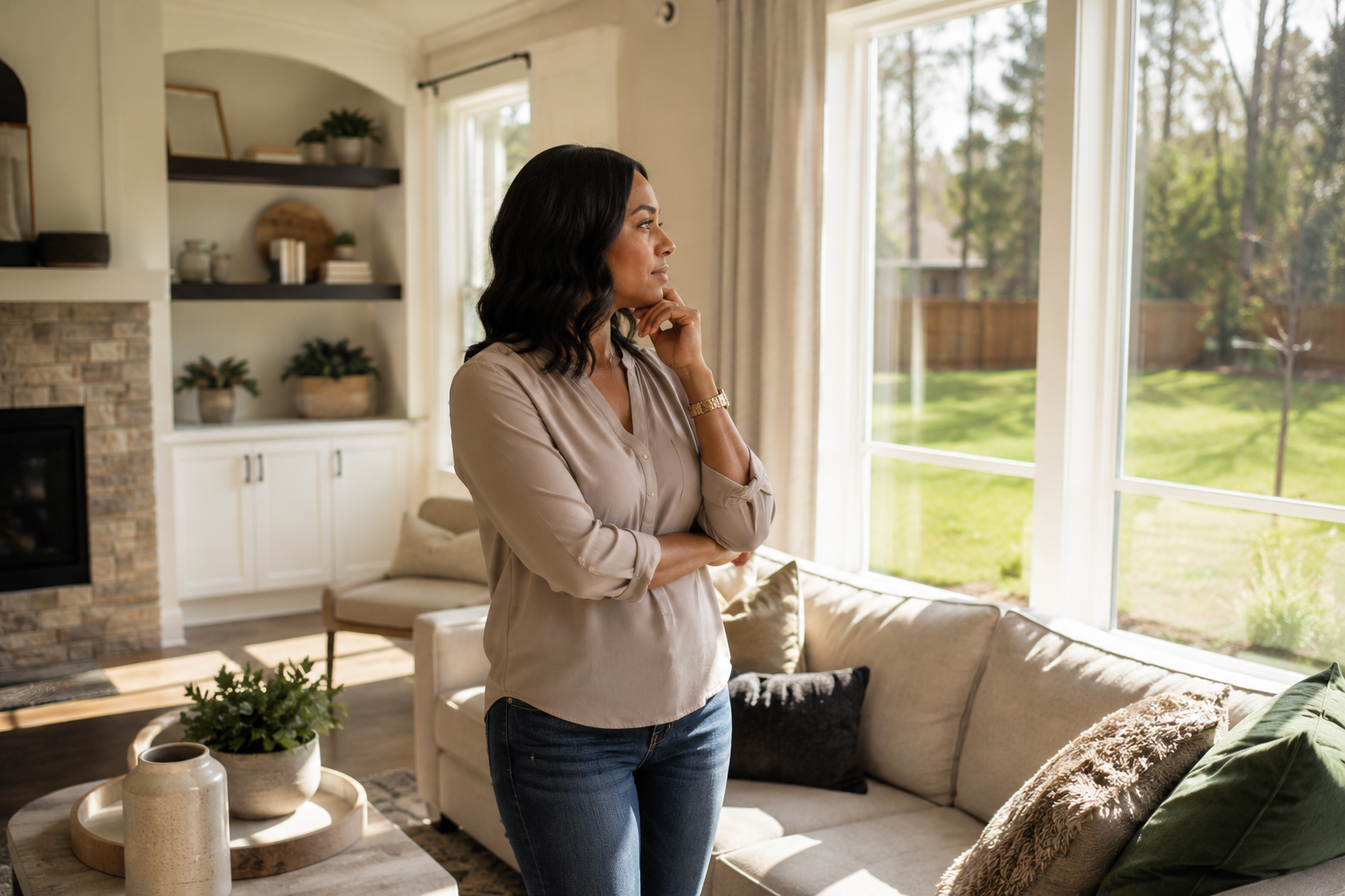 A Black woman in her late 30s stands quietly in the center of a bright model home living room, looking through the large windows toward the backyard while imagining her future daily routine. The room is filled with natural light, and her thoughtful expression creates a candid, documentary-style moment rather than a posed photograph.