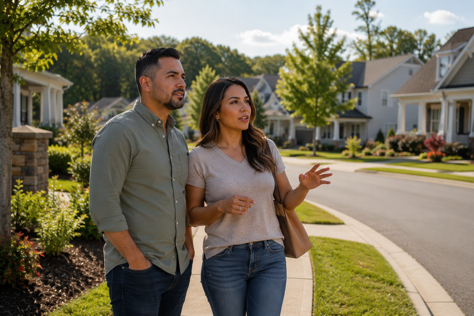 A Hispanic couple in their early 30s stands at the entrance of a newer Greenville, South Carolina neighborhood studying the streetscape and nearby homes before continuing their walk, quietly discussing how the community might fit their everyday routines. Soft afternoon light creates a calm, documentary-style atmosphere. A Hispanic couple in their early 30s stands at the entrance of a newer Greenville, South Carolina neighborhood studying the streetscape and nearby homes before continuing their walk, quietly discussing how the community might fit their everyday routines. Soft afternoon light creates a calm, documentary-style atmosphere.