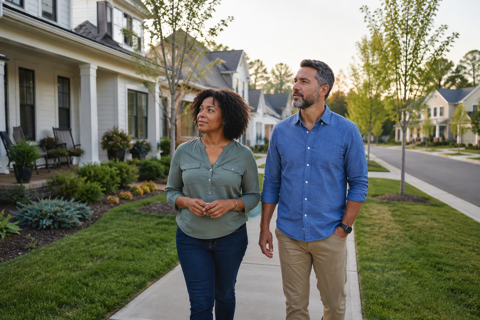 An interracial couple in their 40s strolls along a quiet sidewalk in a newer Greenville, South Carolina neighborhood, pausing to look around and imagine their future daily routine while discussing nearby parks, walking paths, and neighborhood amenities in soft afternoon light. An interracial couple in their 40s strolls along a quiet sidewalk in a newer Greenville, South Carolina neighborhood, pausing to look around and imagine their future daily routine while discussing nearby parks, walking paths, and neighborhood amenities in soft afternoon light.