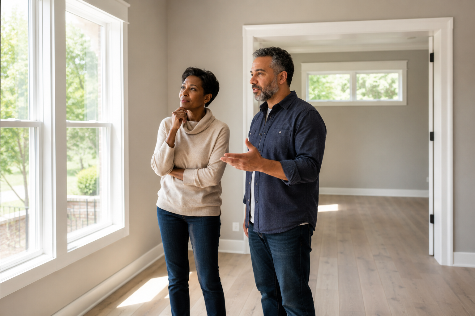 A middle-aged interracial couple stands naturally inside a bright flex room of a newer home while quietly discussing how the space could fit their everyday lives. Large windows provide soft natural afternoon light, and the room has clean contemporary finishes with no furniture dominating the scene. Their expressions are thoughtful and genuine, creating an authentic documentary-style moment. A middle-aged interracial couple stands naturally inside a bright flex room of a newer home while quietly discussing how the space could fit their everyday lives. Large windows provide soft natural afternoon light, and the room has clean contemporary finishes with no furniture dominating the scene. Their expressions are thoughtful and genuine, creating an authentic documentary-style moment.