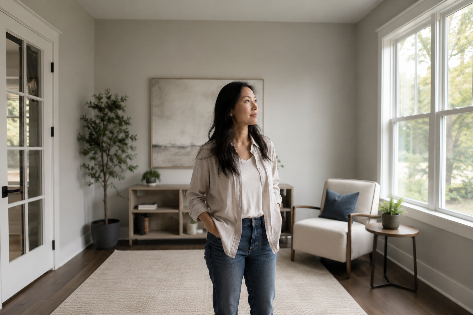 An Asian woman in her early 40s stands thoughtfully inside a bright flex room of a newer home, looking around while imagining how she might use the space as a home office, reading room, or hobby area. Large windows fill the room with natural afternoon light, creating a candid documentary-style moment that feels genuine rather than posed. An Asian woman in her early 40s stands thoughtfully inside a bright flex room of a newer home, looking around while imagining how she might use the space as a home office, reading room, or hobby area. Large windows fill the room with natural afternoon light, creating a candid documentary-style moment that feels genuine rather than posed.