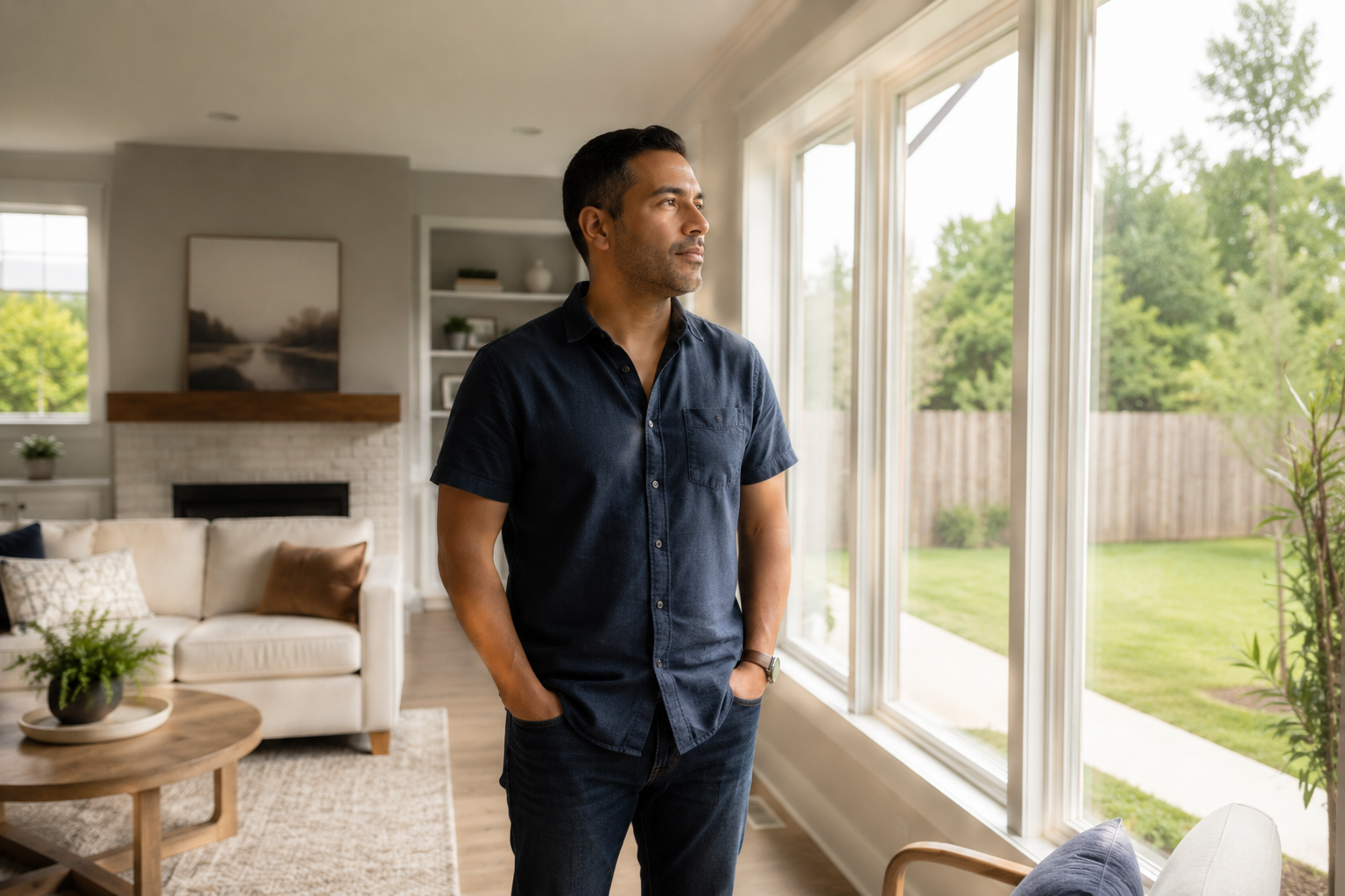 A Hispanic man in his late 30s stands quietly inside a bright new construction living room while looking through large windows into the backyard, thoughtfully imagining his everyday life in the home. Natural afternoon light fills the space, creating a candid documentary-style moment with contemporary neutral finishes and an uncluttered interior.