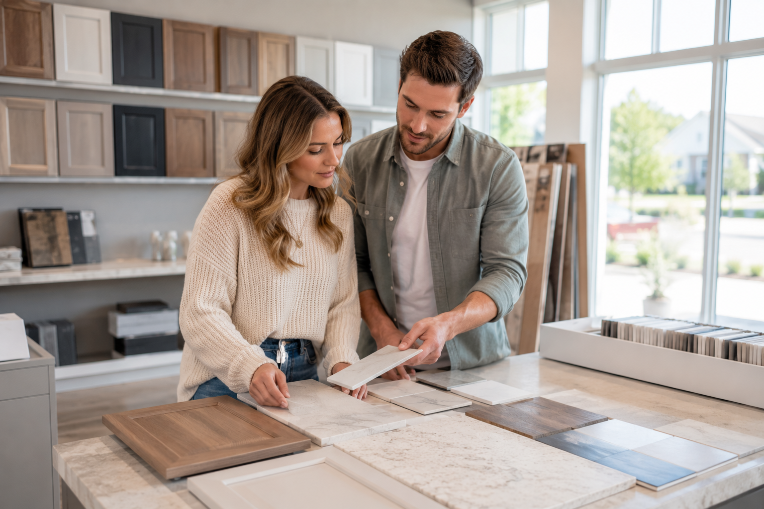 A young White couple in their early 30s stands inside a bright design center, reviewing cabinet, flooring, and countertop samples together while discussing their options. Soft natural light fills the room, and their expressions are thoughtful and relaxed as they imagine personalizing their future home. The moment feels candid, authentic, and documentary-style.