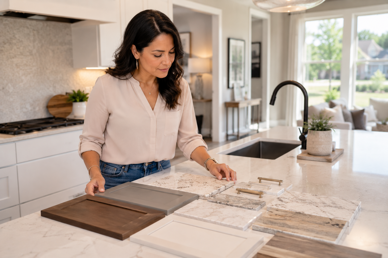 A Hispanic woman in her early 40s stands thoughtfully inside a bright model home kitchen while comparing cabinet finishes, countertop materials, and hardware samples displayed on the island. Natural afternoon light fills the room as she studies the options with a calm, focused expression. The scene feels candid, authentic, and professionally photographed.