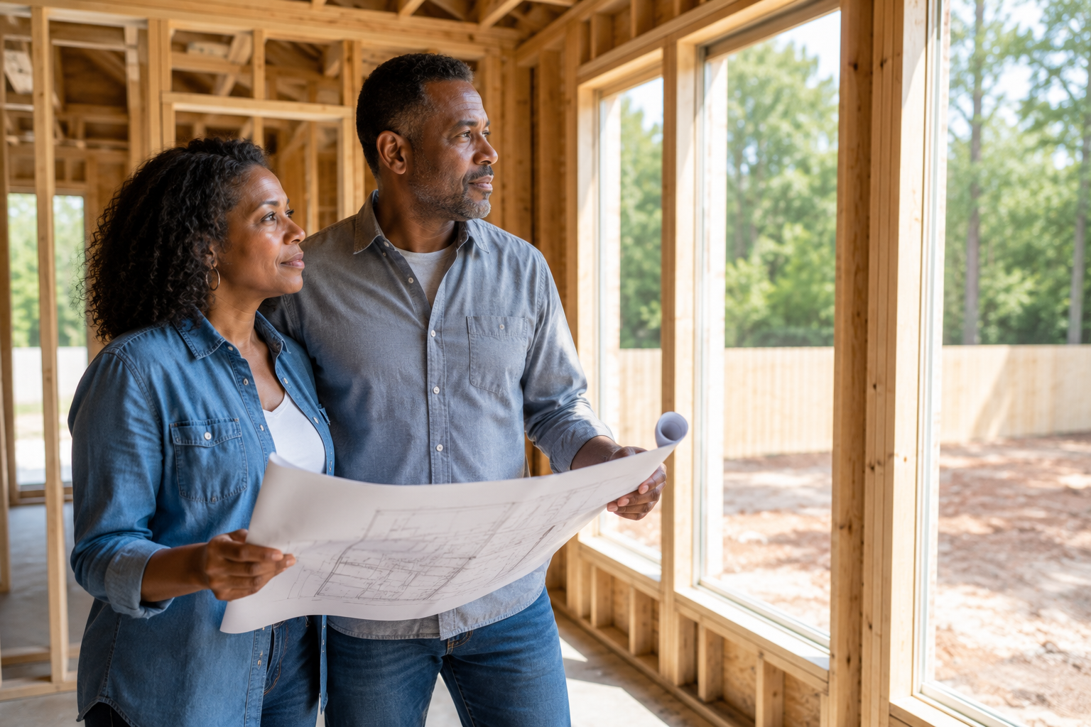 A Black couple in their early 50s stands inside a partially finished new construction home, quietly reviewing architectural plans while looking toward framed windows that overlook the future backyard. Soft natural daylight fills the unfinished room, creating a thoughtful documentary-style moment that captures the excitement of imagining their future home.
