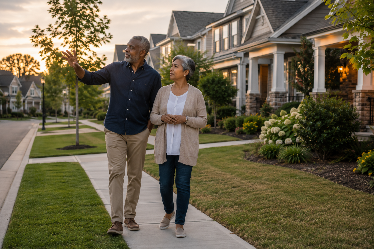 An older interracial couple in their early 60s walks side by side along a quiet sidewalk in a newer Greenville, South Carolina neighborhood during the early evening. They casually observe the homes, landscaping, and surrounding streetscape while discussing how the community might fit their everyday lives. Their expressions are thoughtful and relaxed, creating an authentic documentary-style moment.