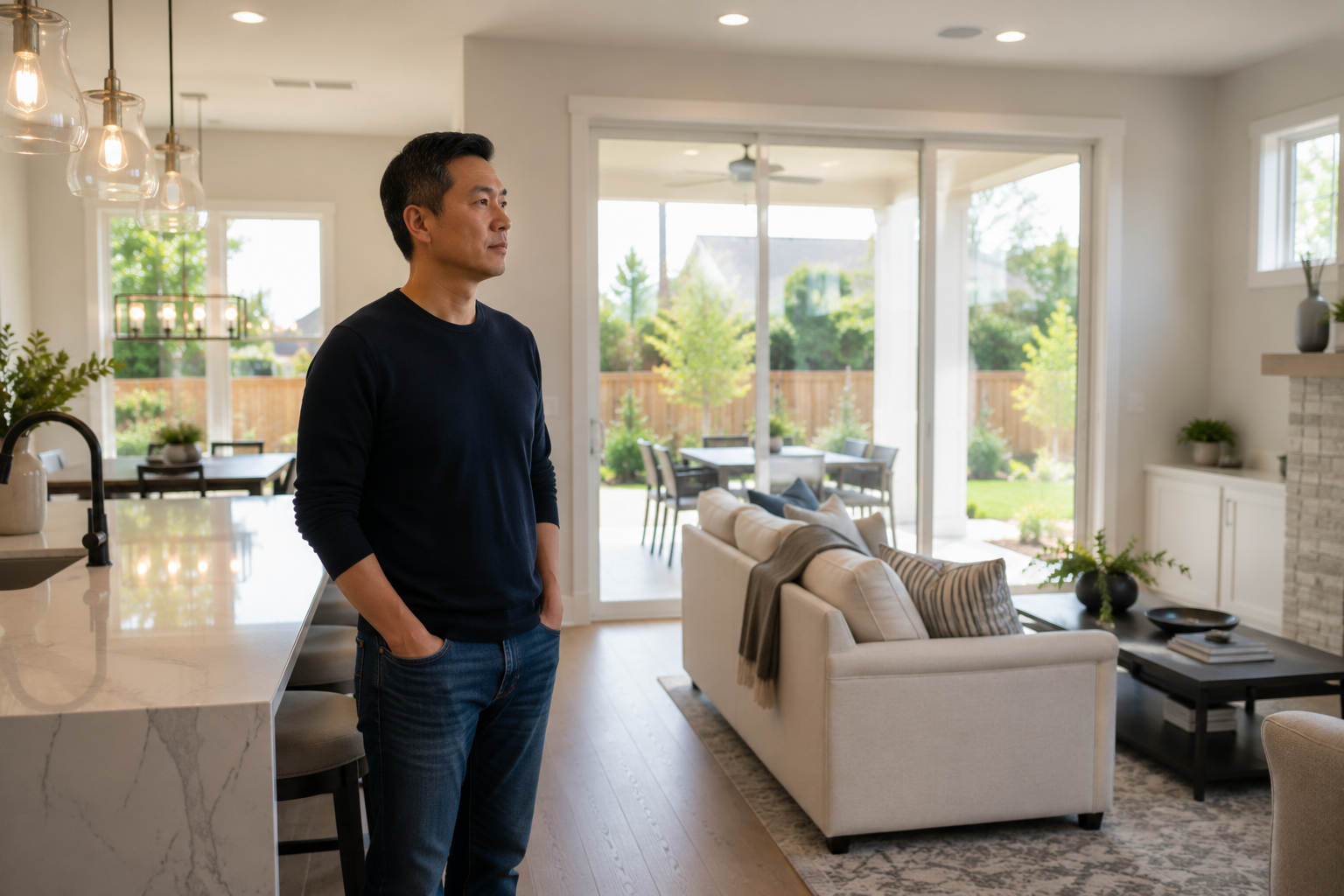 An Asian man in his mid-40s stands quietly inside a bright new construction living room while looking from the kitchen toward the backyard, thoughtfully imagining how his everyday routines would unfold in the space. Soft afternoon sunlight fills the room, highlighting contemporary finishes and an uncluttered interior. His expression is reflective and natural, creating an authentic documentary-style moment. An Asian man in his mid-40s stands quietly inside a bright new construction living room while looking from the kitchen toward the backyard, thoughtfully imagining how his everyday routines would unfold in the space. Soft afternoon sunlight fills the room, highlighting contemporary finishes and an uncluttered interior. His expression is reflective and natural, creating an authentic documentary-style moment.