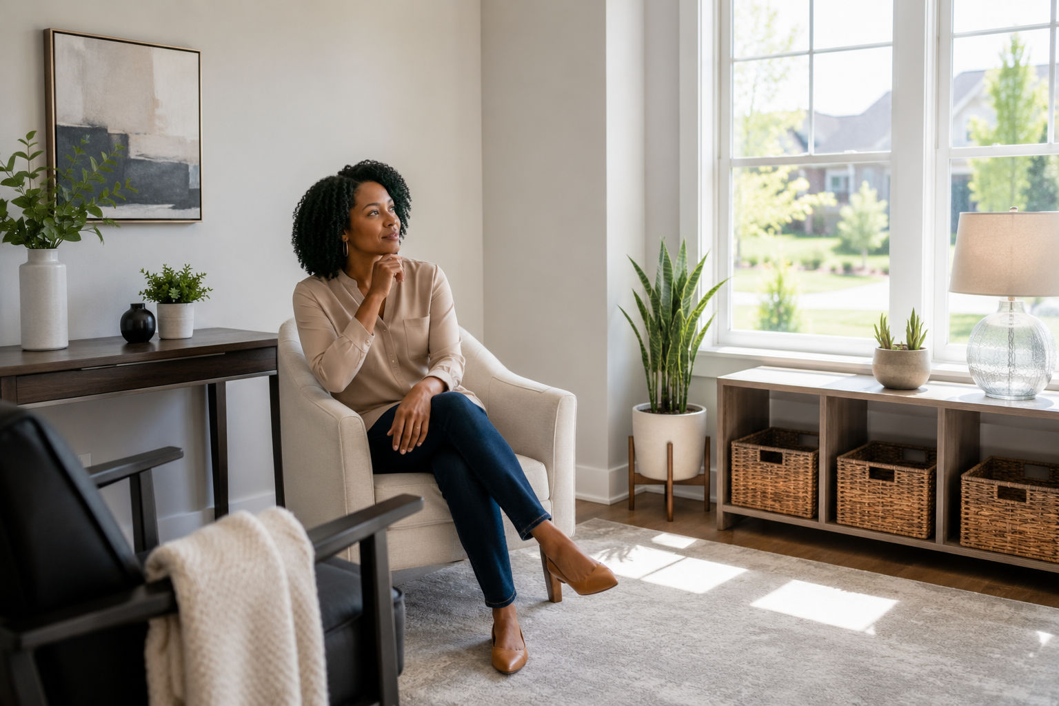A Black woman in her late 30s sits comfortably in a bright flex room of a newer home, looking thoughtfully around the space while imagining different ways it could be used. The room features large windows, soft natural afternoon light, neutral finishes, and minimal furnishings that highlight its versatility. Her expression is relaxed and reflective, creating an authentic documentary-style moment. A Black woman in her late 30s sits comfortably in a bright flex room of a newer home, looking thoughtfully around the space while imagining different ways it could be used. The room features large windows, soft natural afternoon light, neutral finishes, and minimal furnishings that highlight its versatility. Her expression is relaxed and reflective, creating an authentic documentary-style moment.