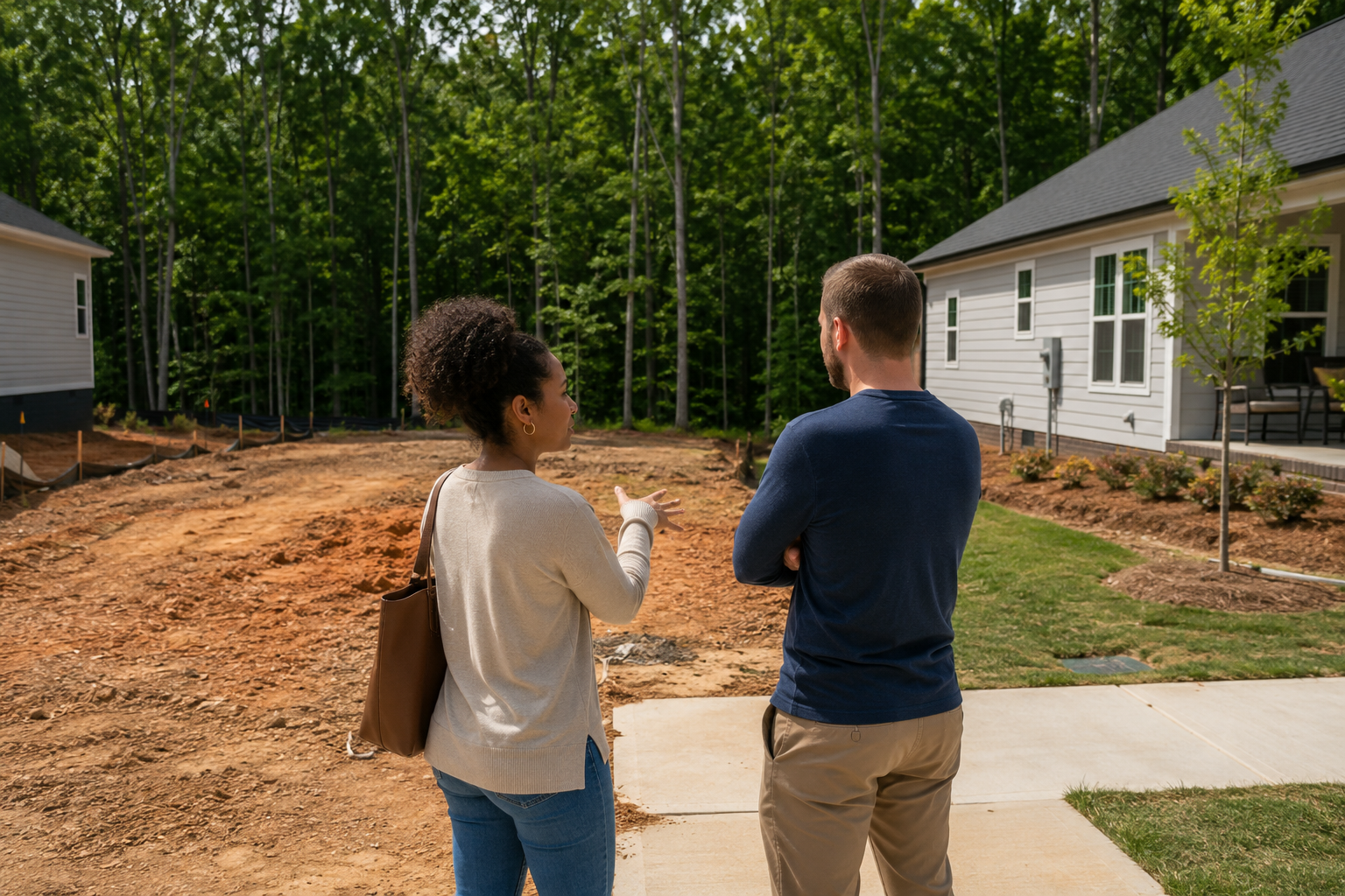 A young interracial couple stands quietly at the edge of two adjacent new construction lots, looking toward the wooded views behind the homes while discussing how each setting might fit their everyday lifestyle, photographed candidly on a soft afternoon in a Greenville-area community. A young interracial couple stands quietly at the edge of two adjacent new construction lots, looking toward the wooded views behind the homes while discussing how each setting might fit their everyday lifestyle, photographed candidly on a soft afternoon in a Greenville-area community.