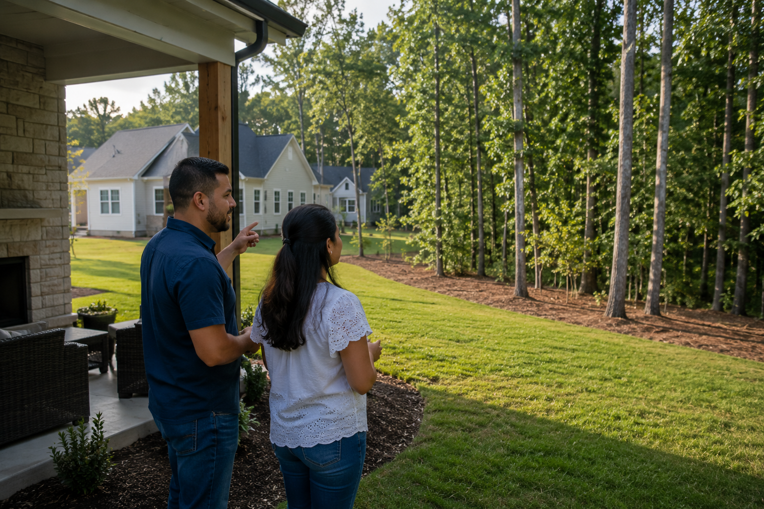 A Hispanic couple stands quietly at the back corner of a newly completed home's backyard, looking toward a wooded property line while discussing the view and imagining everyday life. The candid documentary-style photograph captures natural expressions, a covered patio, neighboring homes in the distance, and soft afternoon light. A Hispanic couple stands quietly at the back corner of a newly completed home's backyard, looking toward a wooded property line while discussing the view and imagining everyday life. The candid documentary-style photograph captures natural expressions, a covered patio, neighboring homes in the distance, and soft afternoon light.