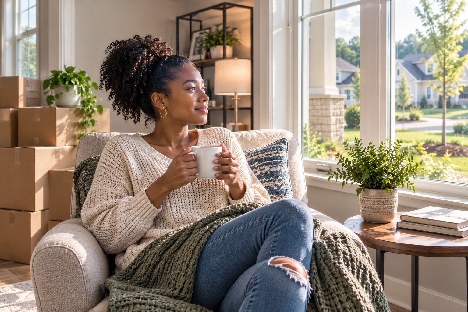 A young Black woman sits comfortably in a cozy reading chair beside a large living room window in her recently purchased home, enjoying a quiet cup of coffee while morning sunlight fills the room. Moving boxes remain neatly stacked in the background, creating a natural documentary-style moment of settling into everyday life.
