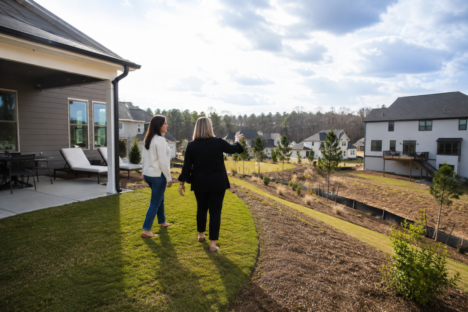 A first-time home buyer and real estate agent candidly walking the backyard of a newer Greenville-area home, looking toward the property line and discussing sunlight, privacy, slope, and nearby surroundings.