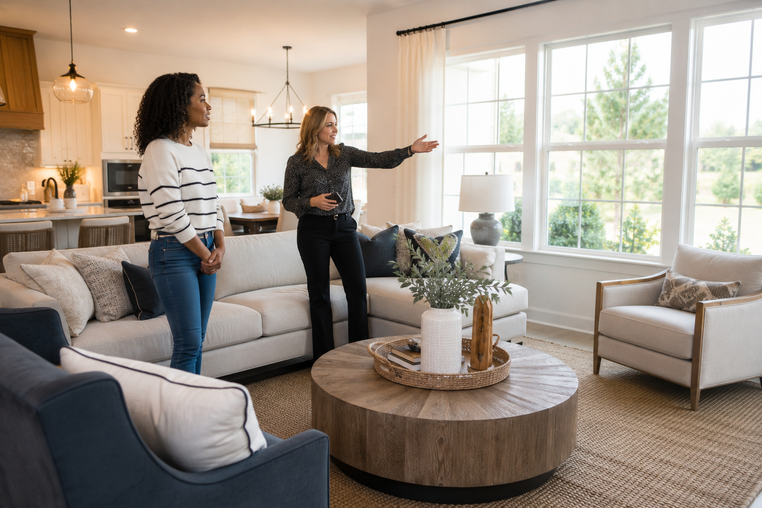 A first-time home buyer standing quietly in a bright model home's living room while imagining furniture placement, as a female real estate agent points out the home's layout and natural light. Documentary-style with candid expressions and no posed interaction. A first-time home buyer standing quietly in a bright model home's living room while imagining furniture placement, as a female real estate agent points out the home's layout and natural light. Documentary-style with candid expressions and no posed interaction.