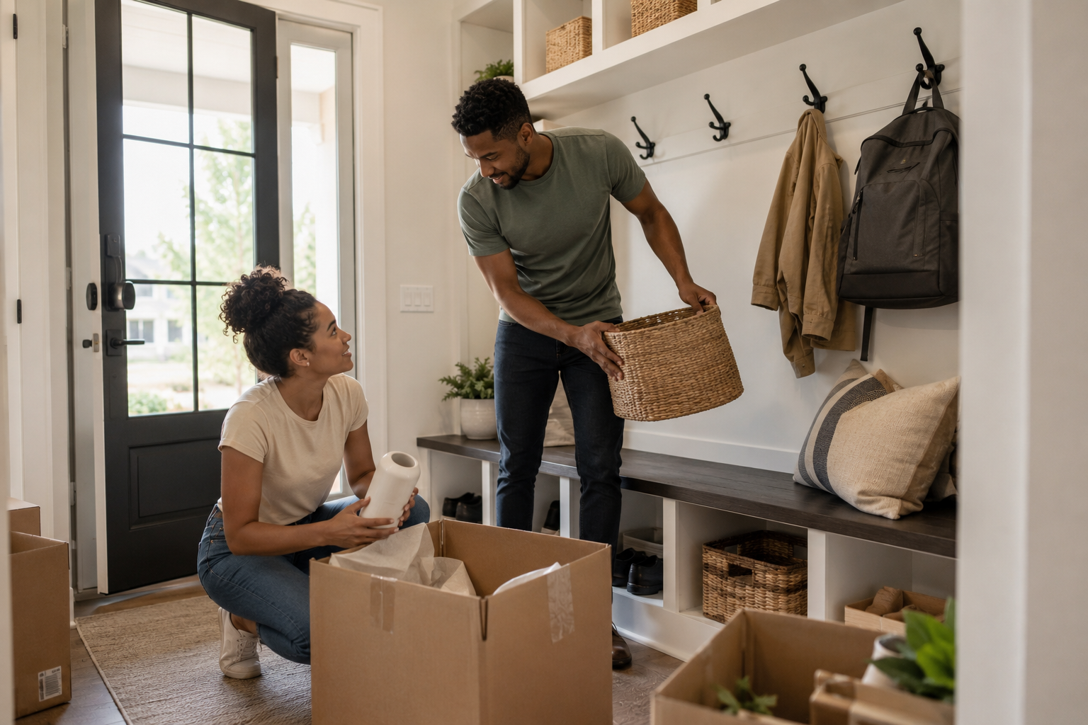 A young interracial couple unpacking practical household items in the mudroom of their new home while discussing where everyday essentials belong. Cardboard boxes, a small bench, storage baskets, and natural daylight create a candid, documentary-style moment. A young interracial couple unpacking practical household items in the mudroom of their new home while discussing where everyday essentials belong. Cardboard boxes, a small bench, storage baskets, and natural daylight create a candid, documentary-style moment.