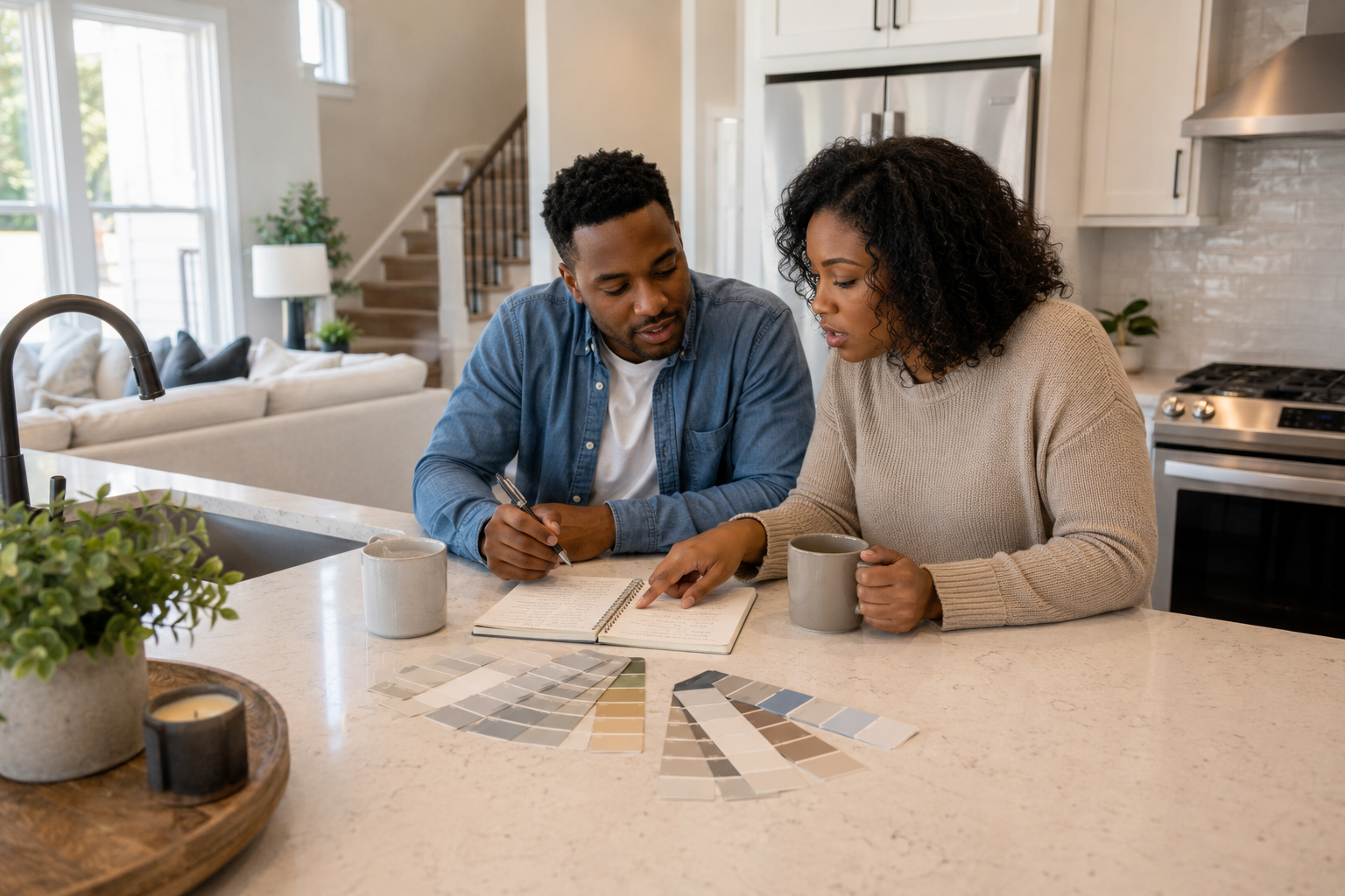 A young Black couple sitting at their kitchen island in a newer home with a notebook, coffee mugs, paint color samples, and a simple project list while discussing which home improvements to tackle first. Documentary-style with natural expressions and abundant daylight.