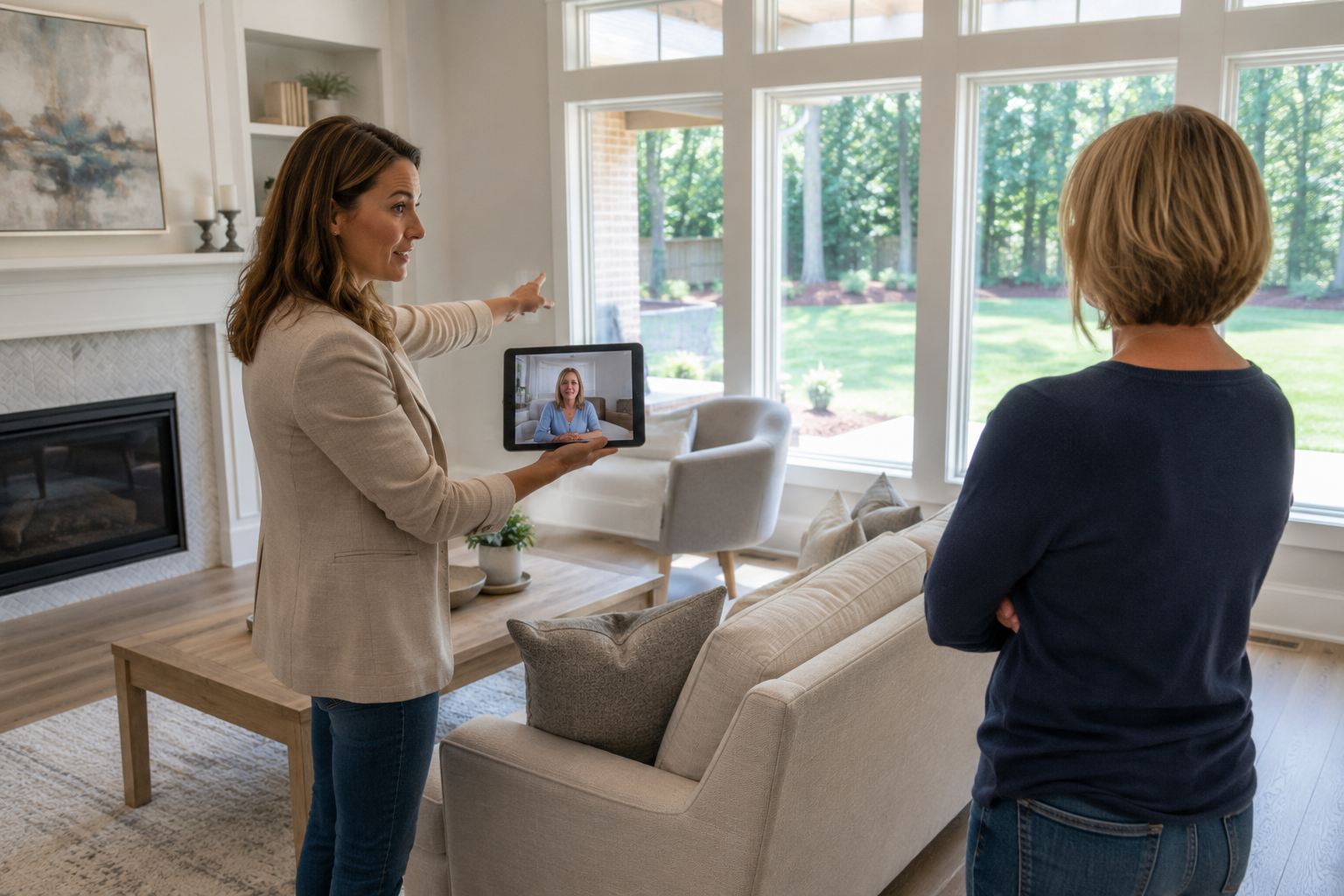 4. INSIDE IMAGE ALT TEXT  A middle-aged woman relocating from another state watching a live video home tour on a tablet while a female real estate agent walks through a bright new construction home's living room, pointing out natural light and the backyard view. Documentary-style with candid expressions and realistic interaction.
