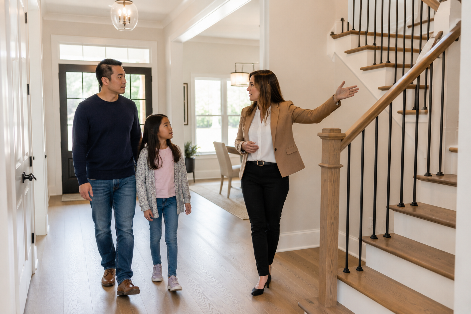 A young father and daughter walking through a bright new construction home's entryway while a female real estate agent points out the mirrored staircase and discusses how the home's layout affects everyday living. Documentary-style with natural expressions and candid interaction.