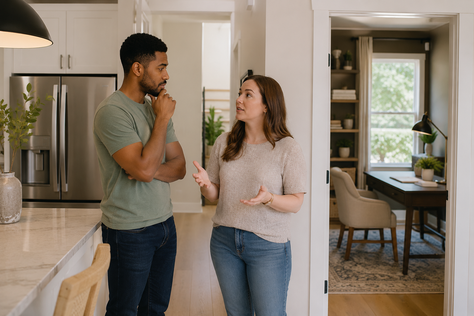 A young interracial couple stands between the kitchen and a home office in a newer home, quietly discussing whether an open passage or enclosed room better fits their daily routine as natural daylight fills both spaces.
