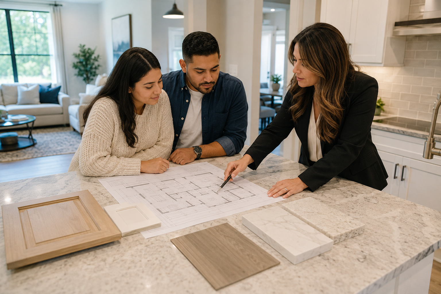A young Hispanic couple reviews a builder's floor plan with a design consultant at a large kitchen island inside a bright model home, discussing structural layout options before construction begins while natural daylight fills the space. A young Hispanic couple reviews a builder's floor plan with a design consultant at a large kitchen island inside a bright model home, discussing structural layout options before construction begins while natural daylight fills the space.