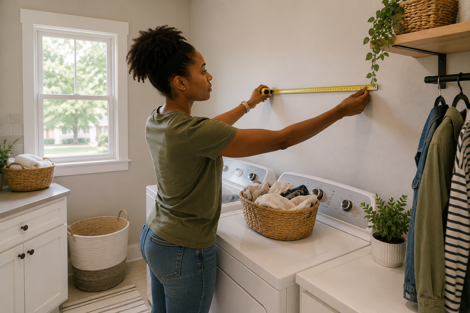 A young Black homeowner stands in a bright laundry room thoughtfully measuring a wall for future shelving while everyday household items are neatly organized nearby, capturing a realistic first-year home improvement moment.