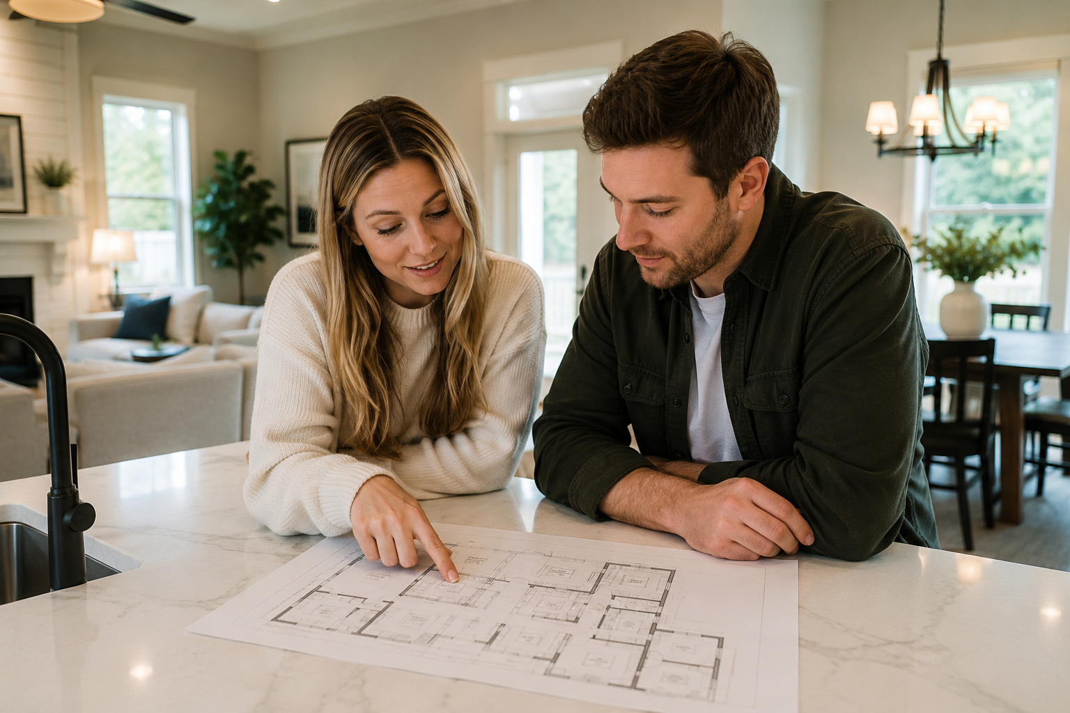 A young couple sitting at a kitchen island reviewing a floor plan together while discussing how the space would fit their daily routines in a bright, naturally lit new home.