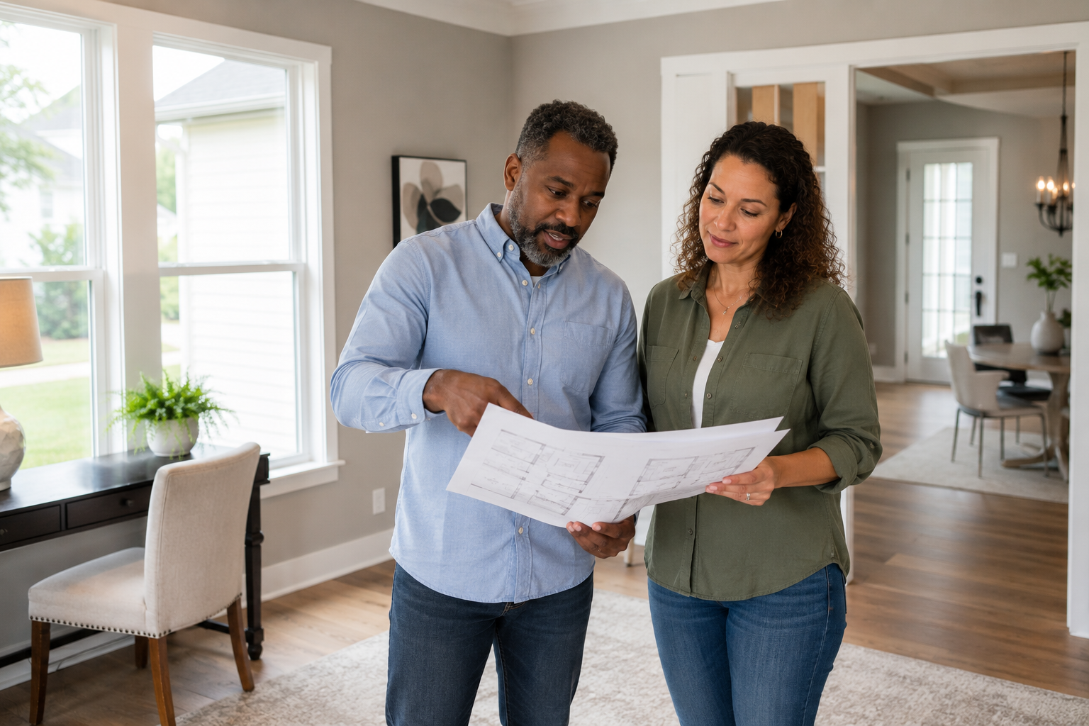 A middle-aged interracial couple standing in a bright flex room of a new-construction home, thoughtfully reviewing builder floor plan options while imagining how the space will fit their daily routines.