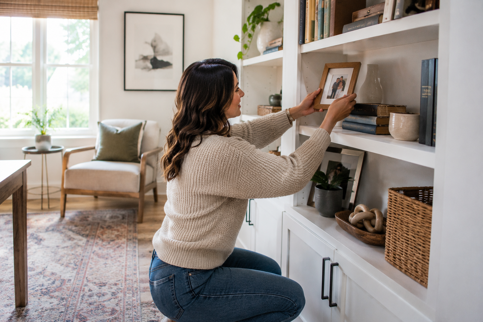 A young homeowner kneels beside a built-in bookshelf in a bright flex room, arranging family keepsakes and favorite books while imagining how the space will grow with future memories. Warm natural daylight, candid moment, comfortable and lived-in without feeling cluttered.