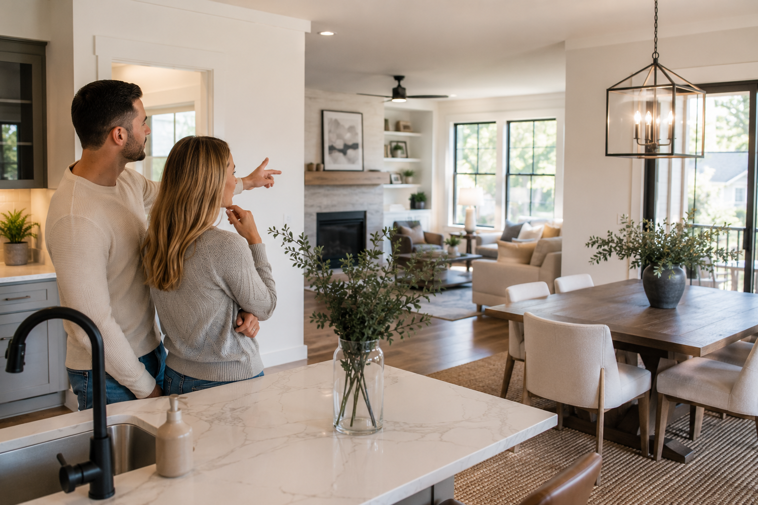 A young couple stands quietly in the kitchen of a newer home, looking toward the adjoining living room while imagining where family dinners, backpacks, and everyday routines would naturally fit into the space.