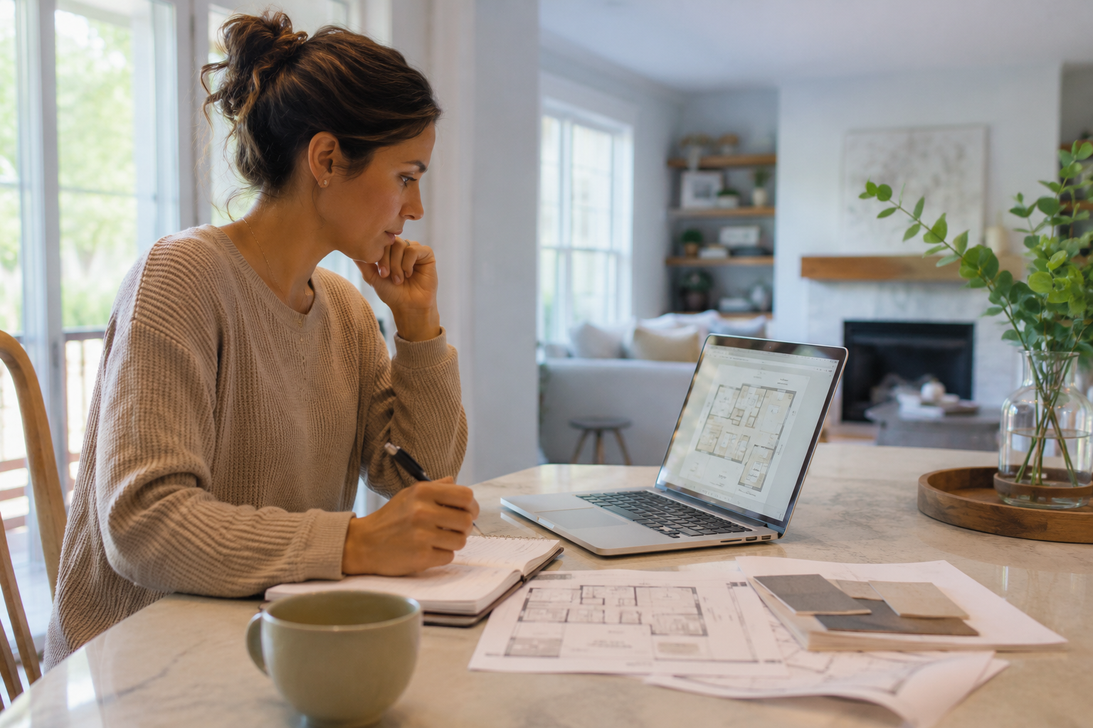 A first-time home buyer sits at a kitchen table reviewing a builder's interactive floor plan on a laptop while comparing room layouts with handwritten notes nearby, thoughtfully considering how each option fits everyday life.