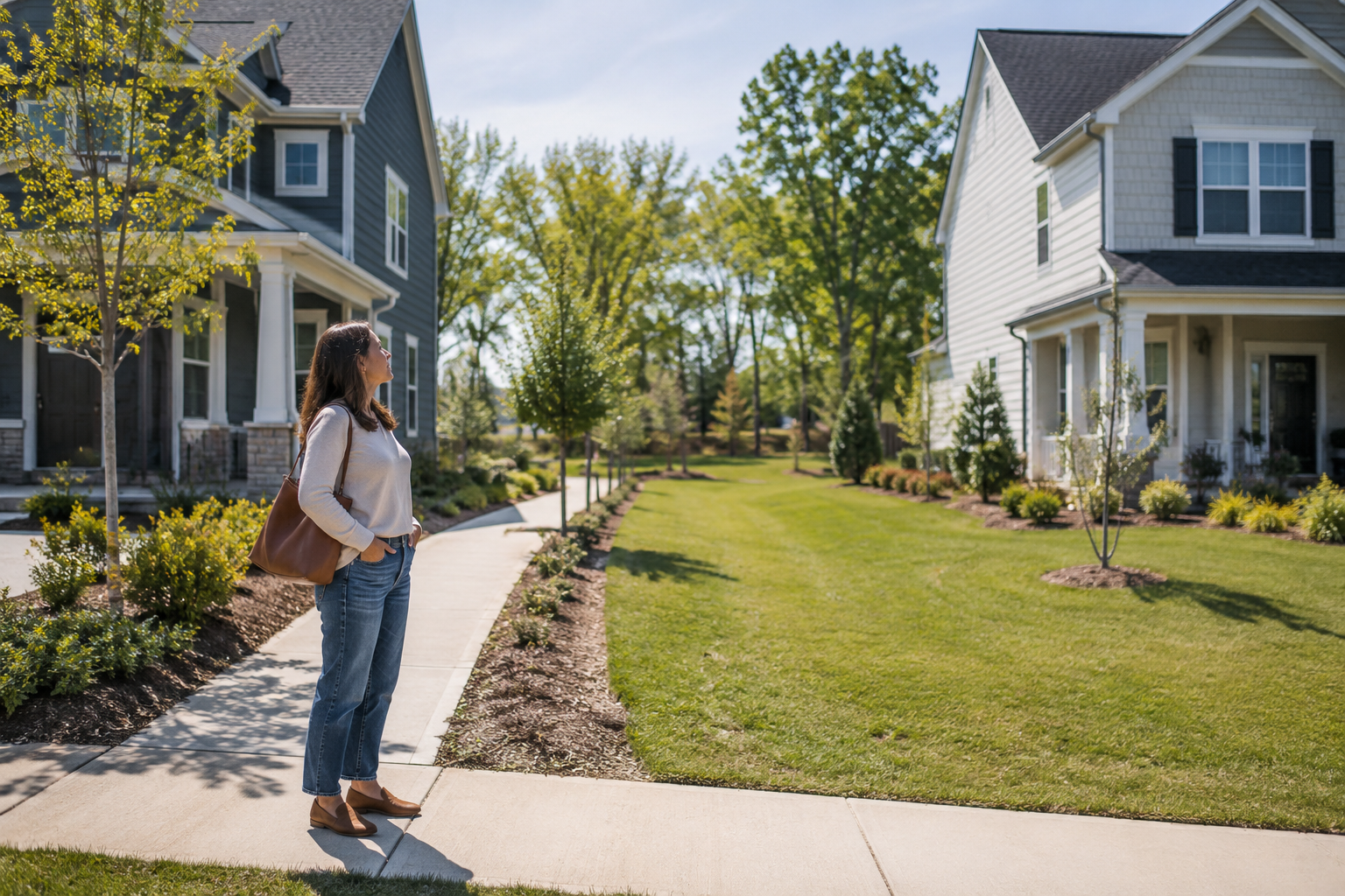 A single woman pauses on a neighborhood sidewalk between two newer homes with different lot widths, thoughtfully looking around as she imagines her daily routine in the community.